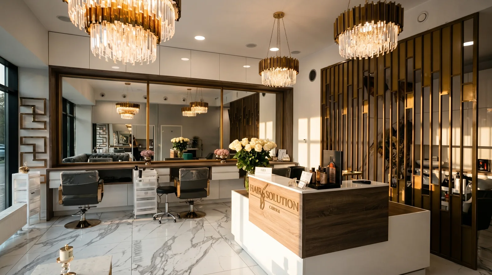 Wnętrze salonu Hair Solution Clinic przy ul. Popowickiej 101 we Wrocławiu — marmurowa recepcja z logo i złote żyrandole